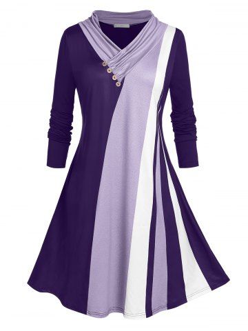 Plus Size Colorblock Shawl Collar Tee