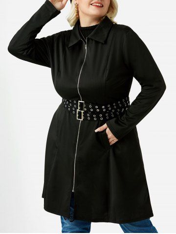 Manteau Long Ceinturé Zippé Grande Taille avec Double Poches à Œillet - BLACK - 4X