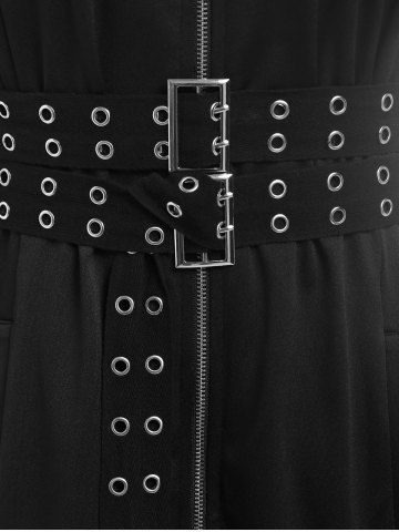 Plus Size Double Belted Grommet Zip Pocket Long Coat