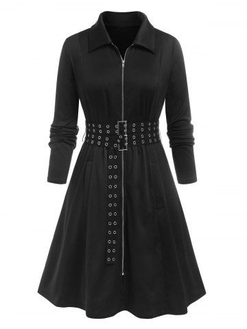 Plus Size Double Belted Grommet Zip Pocket Long Coat