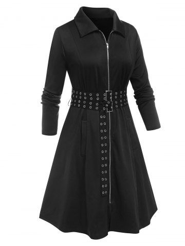 Plus Size Double Belted Grommet Zip Pocket Long Coat