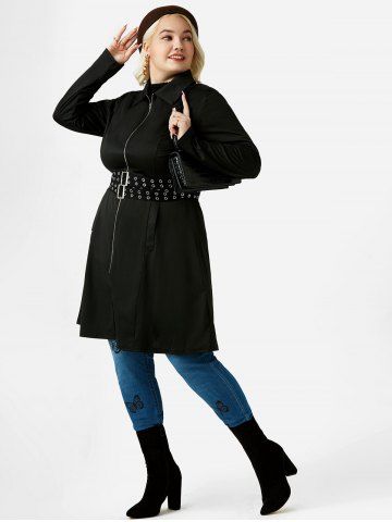 Plus Size Double Belted Grommet Zip Pocket Long Coat