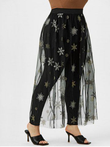 Plus Size Glitter Snowflake Mesh See Thru Overlay Pants