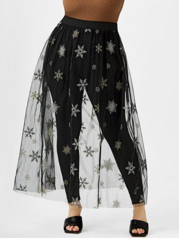Pantalon Superposé Flocon de Neige en Maille Transparente de Grande Taille à Paillettes - BLACK - 2X