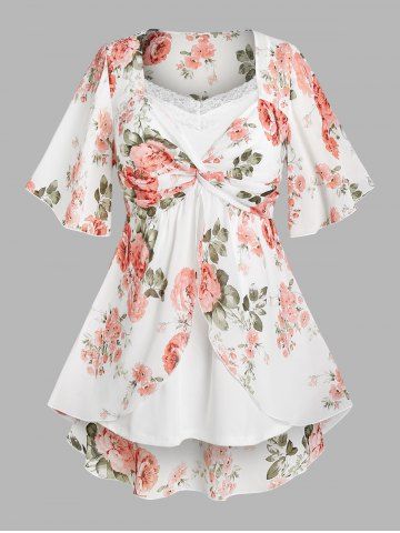 Plus Size & Curve Flutter Sleeve Floral Print Twist Blouse and Camisole Twinset - WHITE - L