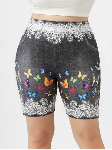Plus Size & Curve 3D Lace Butterfly Print High Rise Short Jeggings - GRAY - 1X