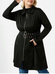 Manteau Long Ceinturé Zippé Grande Taille avec Double Poches à Œillet - Noir 2X
