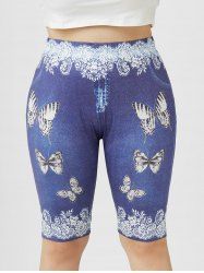 Plus Size 3D Denim Lace Butterfly Print Knee Length Shorts -  