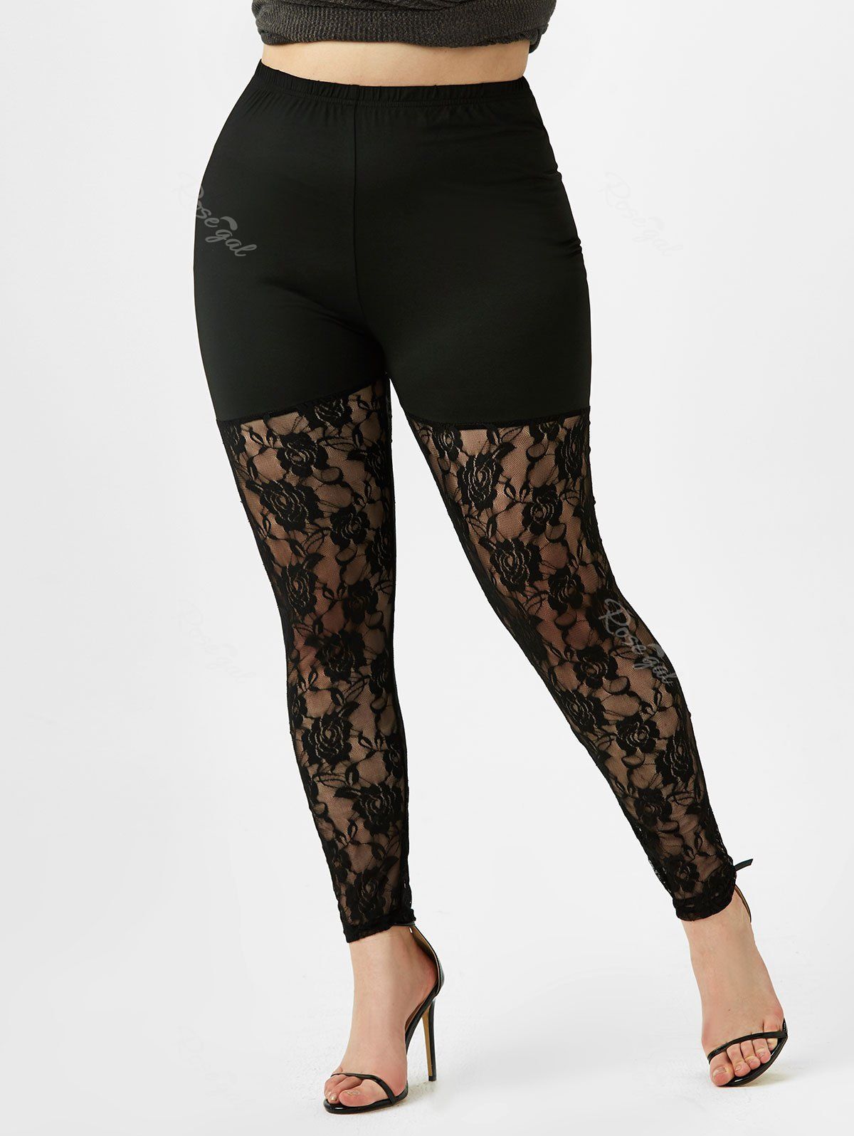 Sale Plus Size Flower Lace High Waisted Skinny Leggings  