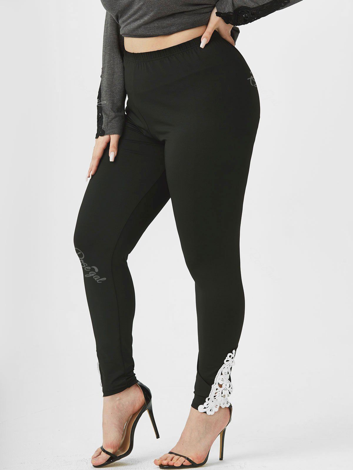 Discount Plus Size High Rise Lace Insert Skinny Leggings  