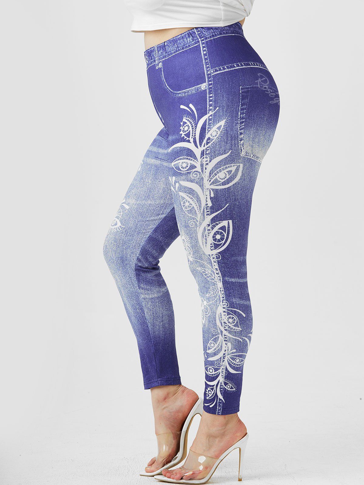 Legging à Imprimé 3D Fleuri à Taille Haute de Grande Taille Bleu clair 4X