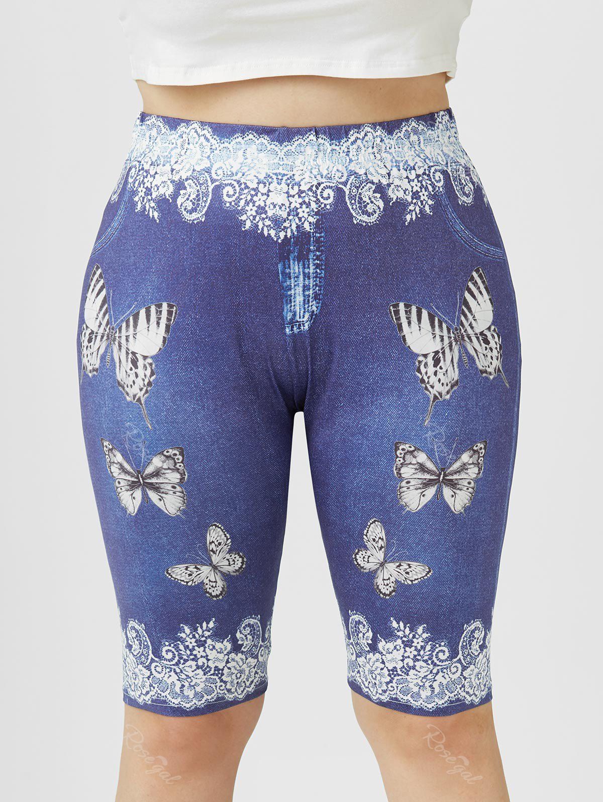 Sale Plus Size 3D Denim Lace Butterfly Print Knee Length Shorts  