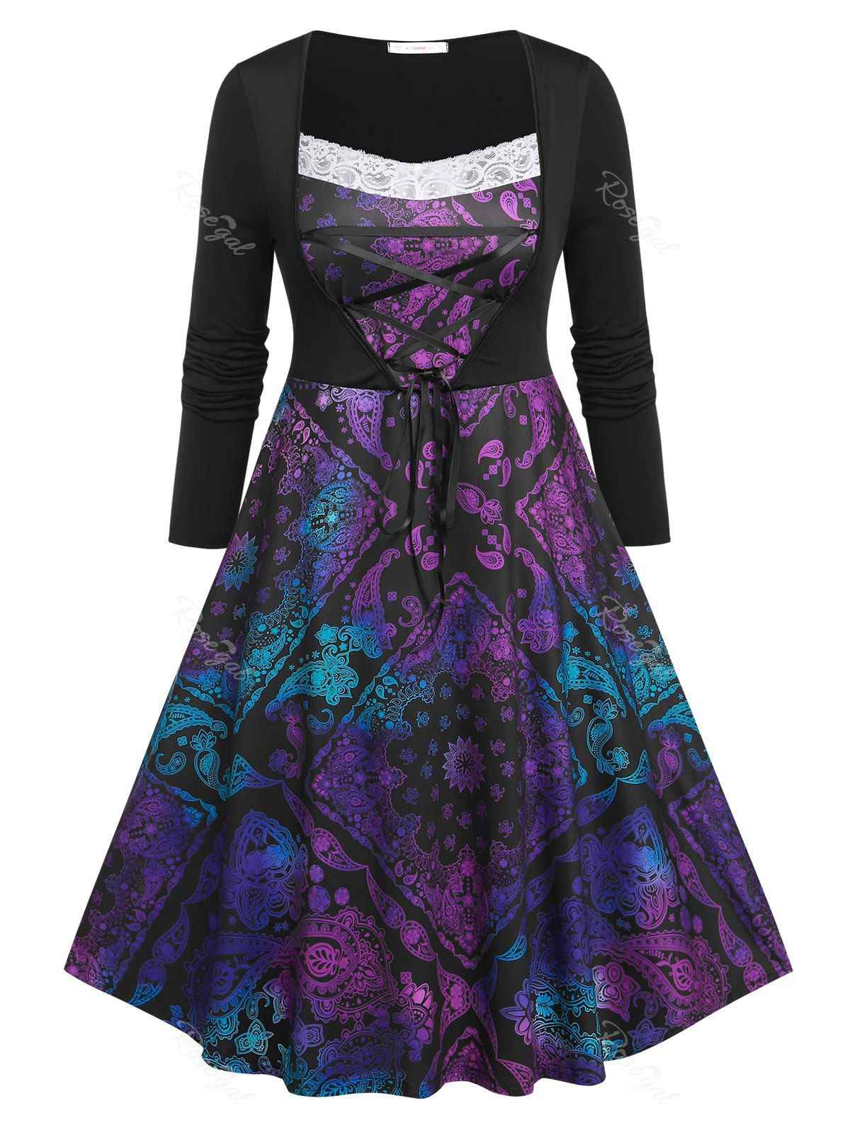 Best Plus Size Ombre Paisley Scarf Print Lace Insert Lace-up Midi Dress  