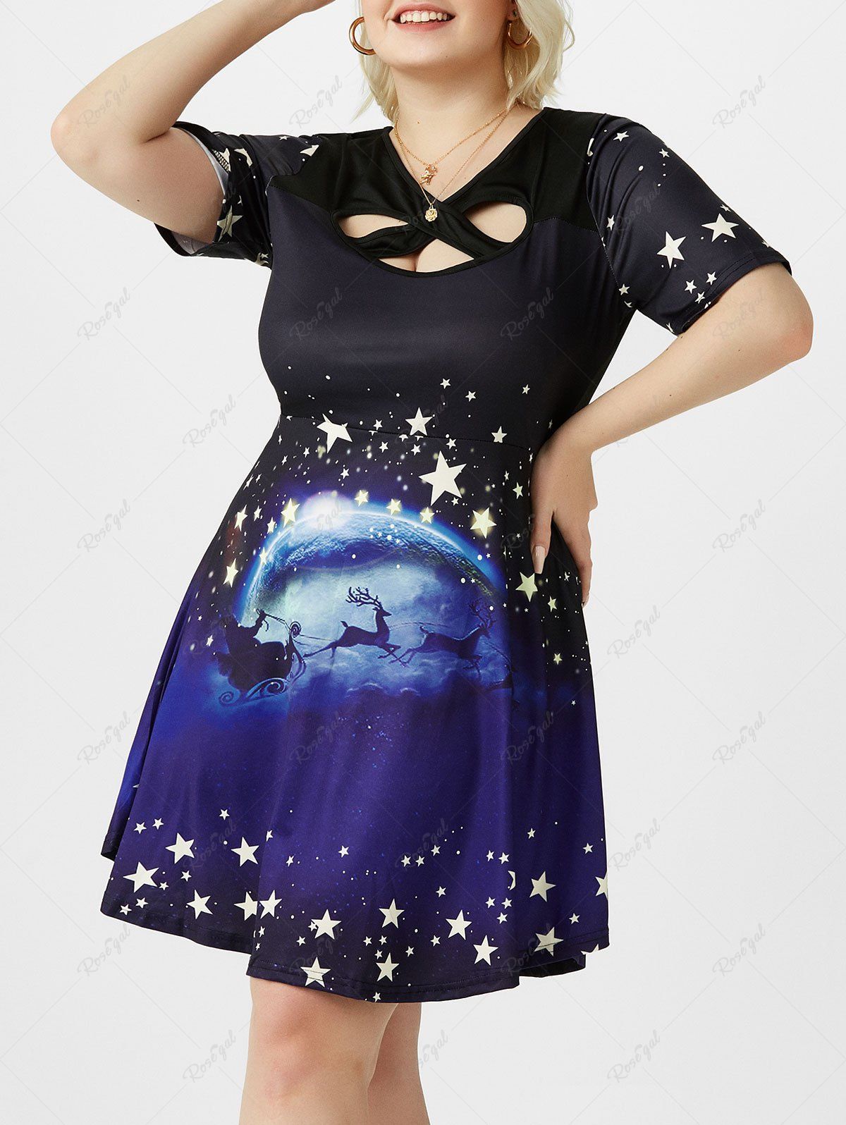 Discount Plus Size Elk Moon Print Cutout Crossover Christmas Dress  