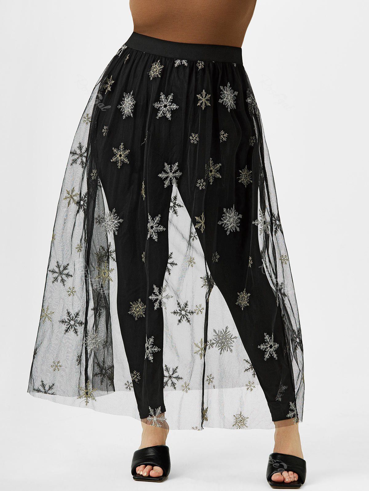 Pantalon Superposé Flocon de Neige en Maille Transparente de Grande Taille à Paillettes Noir L
