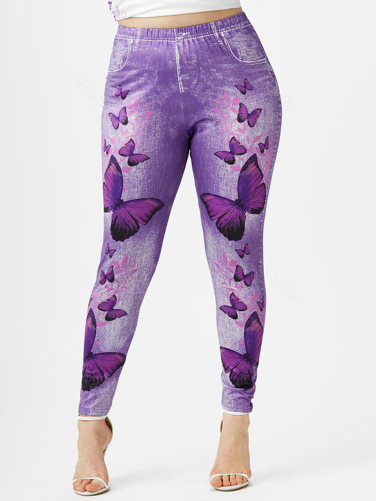 Affordable Plus Size Butterfly 3D Denim Print Jeggings  