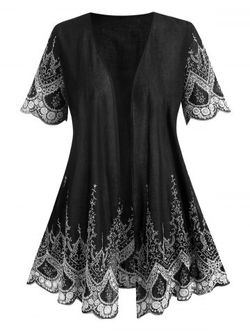 Plus Size Embroidered Open Front Cardigan - BLACK - 3X