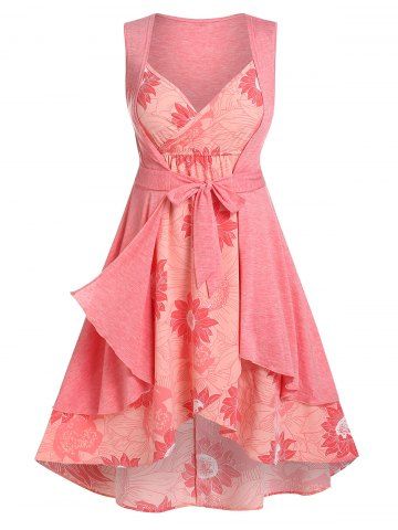 Plus Size & Curve High Low Floral Print Surplice Midi Cottagecore Dress and Front Tie Top - LIGHT PINK - L