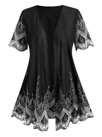 Plus Size Embroidered Open Front Cardigan - BLACK - L
