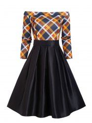 Plaid Off Shoulder Pleated Detail Dress -  
