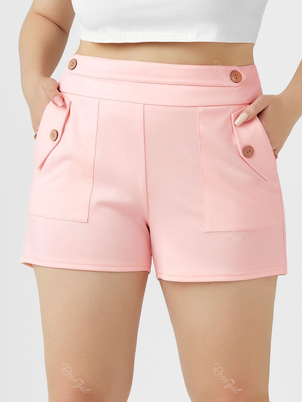 Shop Plus Size High Rise Pocket Buttoned Shorts  