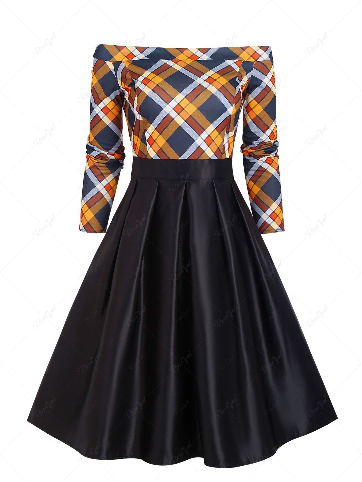 Outfits Plaid Off Shoulder Pleated Detail Dress  