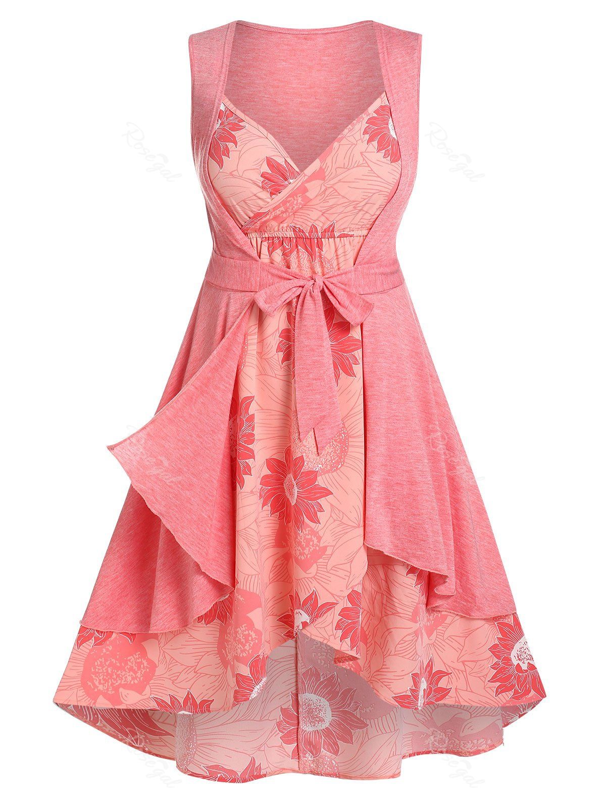 Robe Mi-Longue Plissée Courbe à Imprimé Fleurie de Cottagecore de Grande Taille et Haut Noué en Avant Rose clair 4X