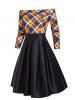 Plaid Off Shoulder Pleated Detail Dress -  
