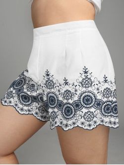Plus Size High Rise Embroidered Scalloped  Shorts - WHITE - 5X