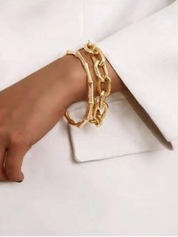 2 Pcs Bamboo Shape Thick Chain Bracelet Set - GOLDEN