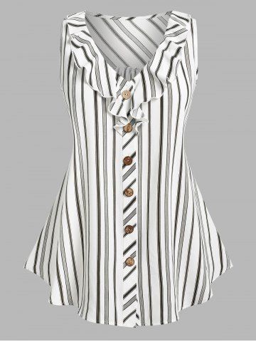 Plus Size & Curve Ruffle Striped Button Front Sleeveless Blouse - WHITE - M | US 10