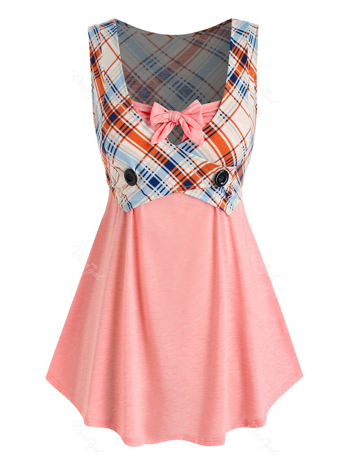 Affordable Plus Size Plaid Bowknot 2 in 1 Tank Top  