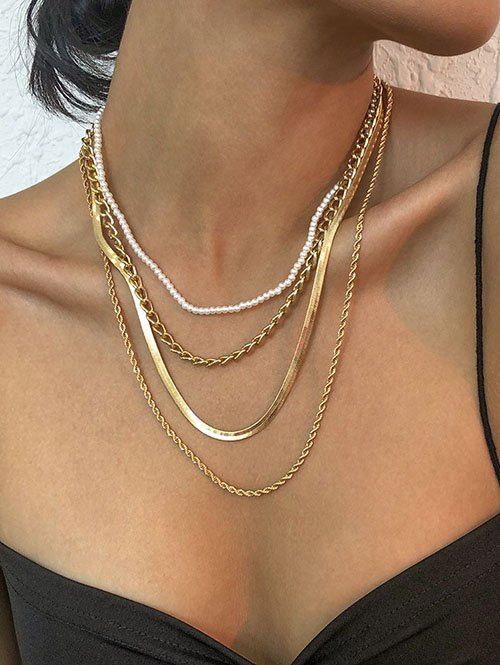 New Faux Pearl Beading Multilayered Chain Necklace  
