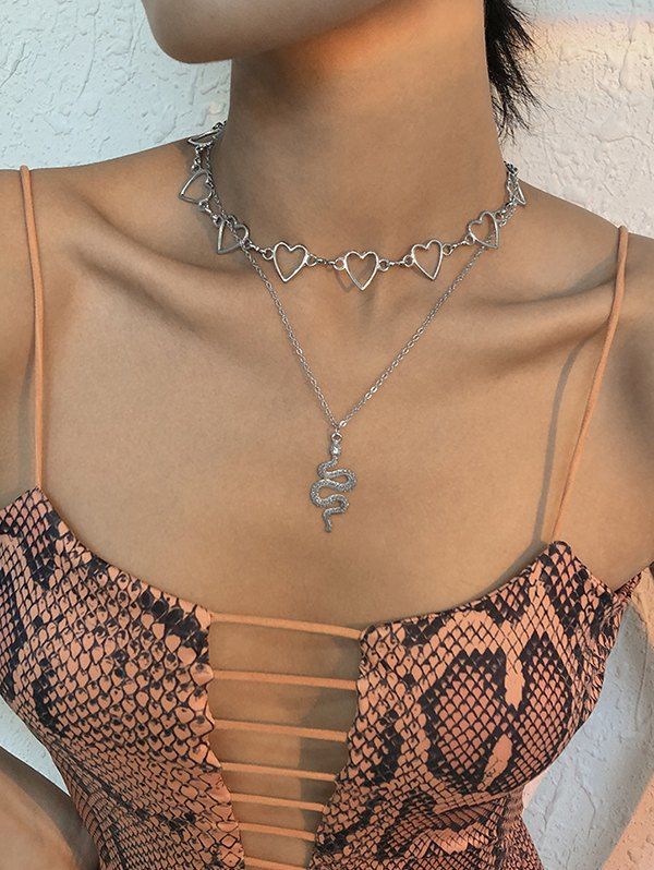 Chic Hollow Out Heart Snake Layered Necklace  