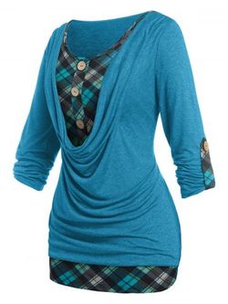 Plus Size Roll Up Sleeve Cowl Front Plaid Twofer Tee - BLUE - 3X