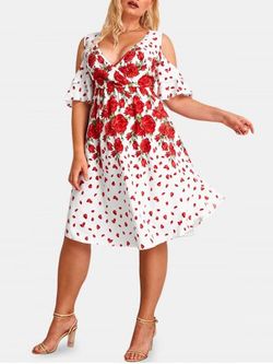 Plus Size Rose Print Cold Shoulder Surplice Cottagecore Dress - RED - 4X