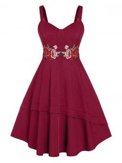 Plus Size Embroidery Flower High Waist 50s Midi Dress - DEEP RED - 1X