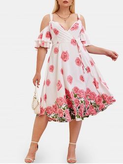 Plus Size & Curve Cottagecore Bell Sleeve Cold Shoulder Floral Print Dress - WHITE - 1X