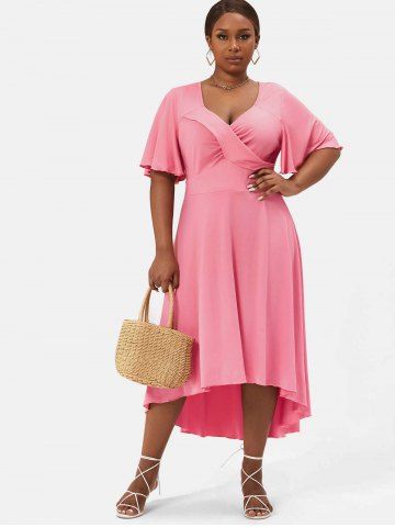 Plus Size & Curve Bell Sleeve Crossover High Low Dress