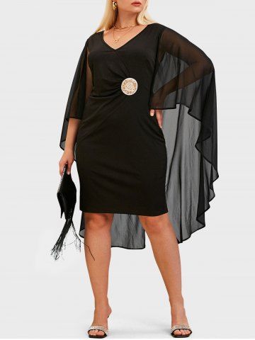Plus Size Faux Pearl Applique Cape Prom Dress - BLACK - 3X
