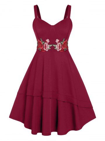 Plus Size Embroidery Flower High Waist 50s Midi Dress - DEEP RED - 5X
