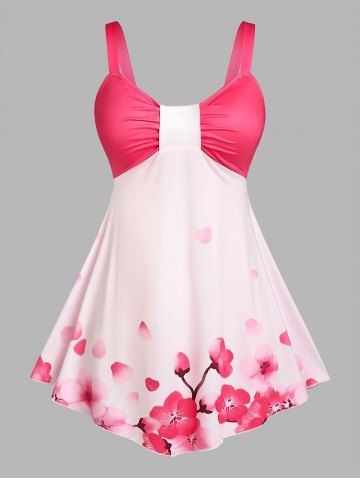 Plus Size & Curve Ruched Floral Print Empire Waist Tank Top