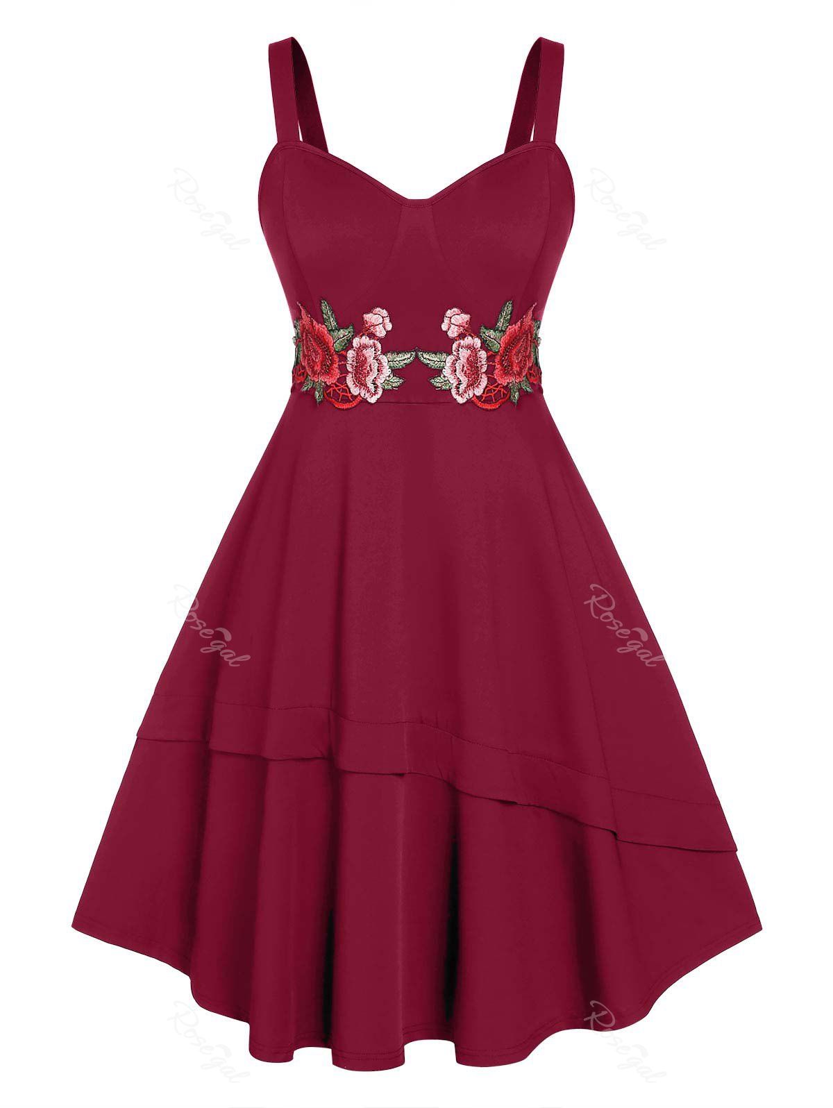 Fancy Plus Size Embroidery Flower High Waist 50s Midi Dress  