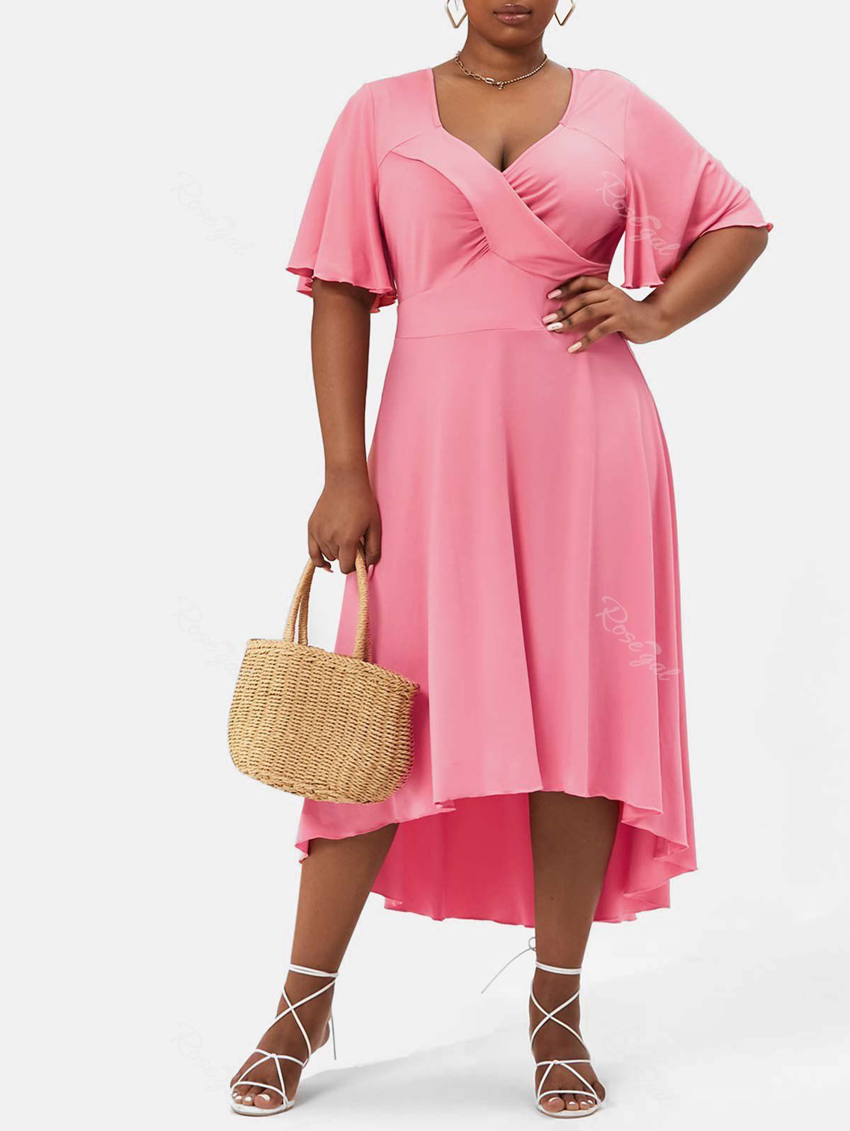 Latest Plus Size & Curve Bell Sleeve Crossover High Low Dress  