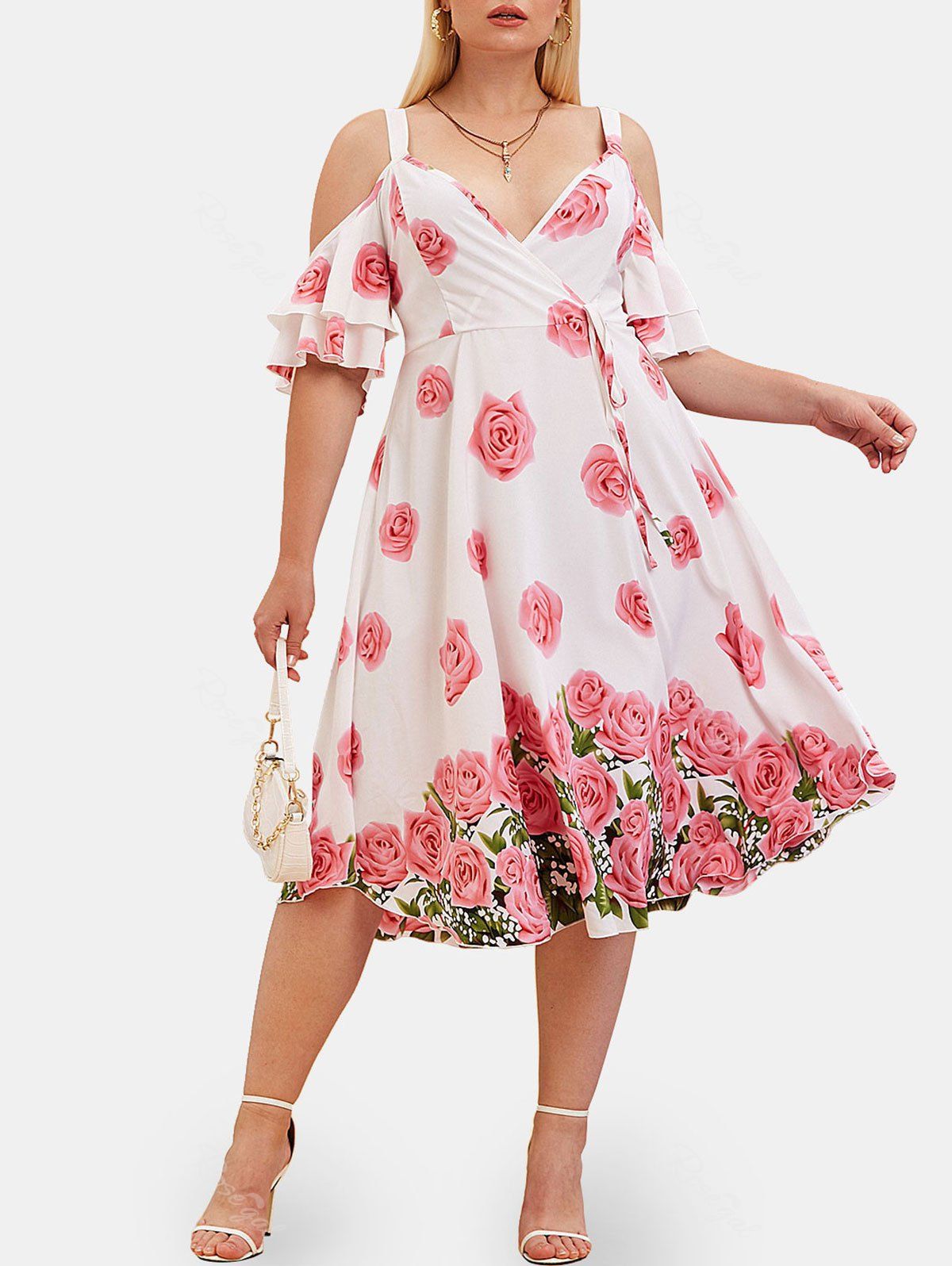 Hot Plus Size & Curve Cottagecore Bell Sleeve Cold Shoulder Floral Print Dress  