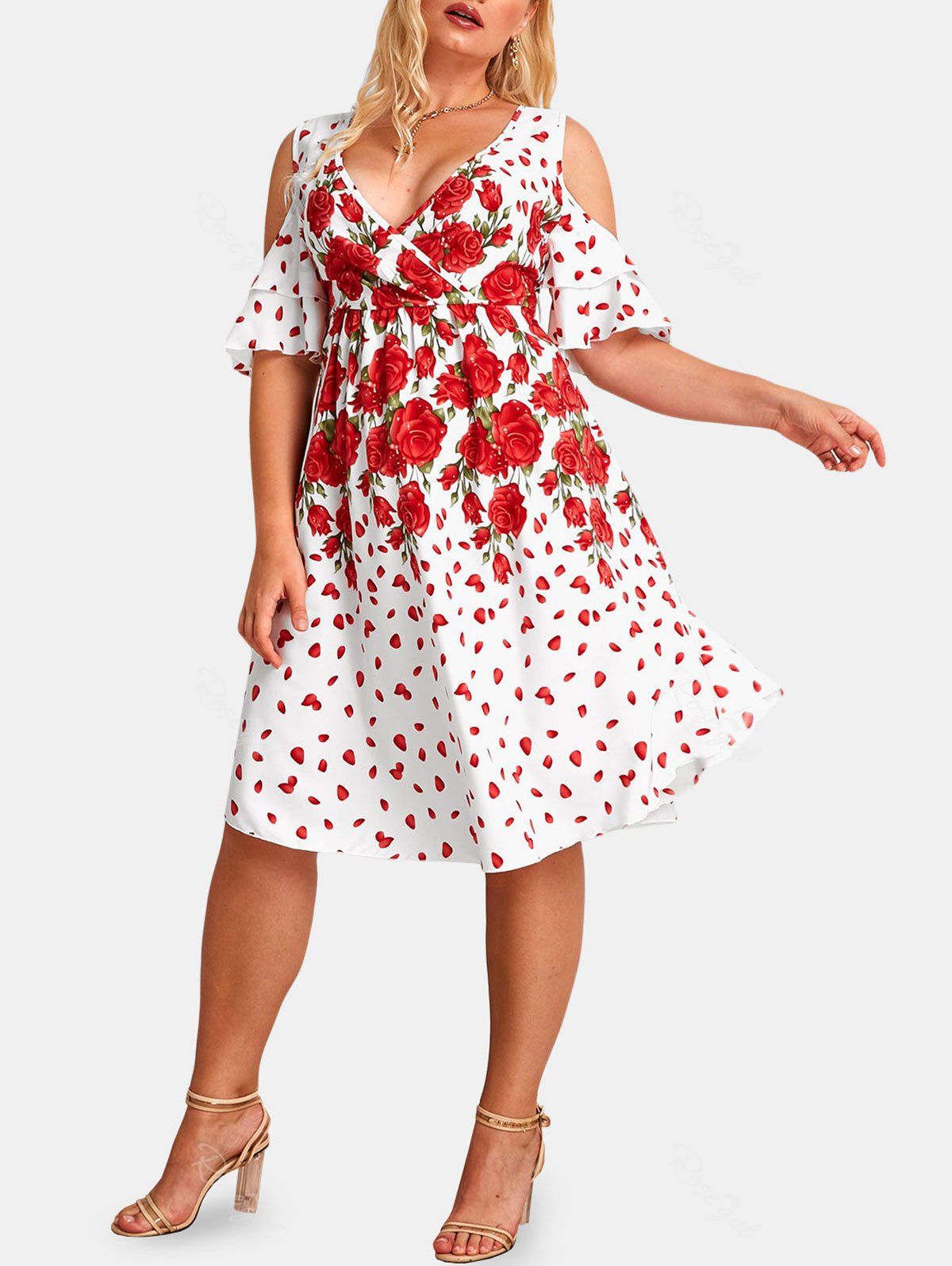 Buy Plus Size Rose Print Cold Shoulder Surplice Cottagecore Dress  