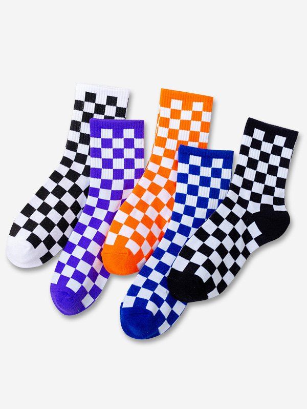 Discount 5 Pairs Checkered Pattern Sporty Crew Socks Set  