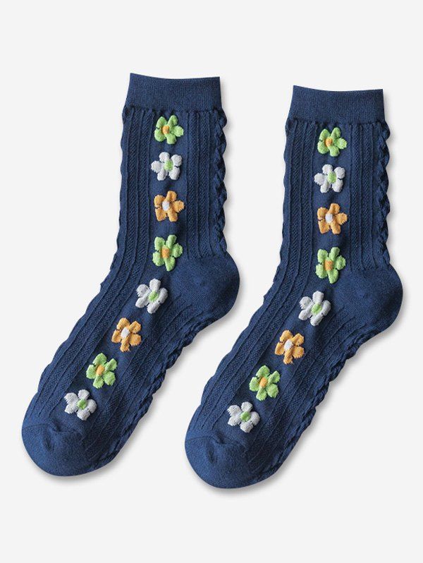 Chaussettes Texturées à Imprimé Fleur Tordue Bleu Cadette 