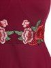 Robe Mi-longue des Années 50 de Taille Haute à Broderie Florale - Rouge foncé 4X