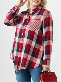 Plus Size Gingham Plaid Pocket Button Up Shirt - RED - 5X